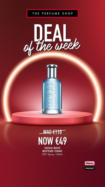 A sleek image ad by The Perfume Shop promotes Hugo Boss Bottled Tonic EDT Spray. The ad showcases a single product, emph