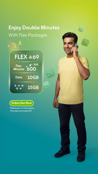 This image ad showcases a Flex package offering double minutes, with a male model on a call, targeted towards users of s