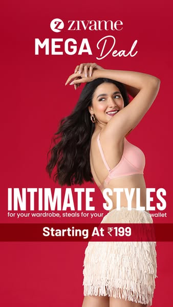The ad for Zivame features a model in a bra and skirt against a red background, promoting intimate styles starting at ₹1