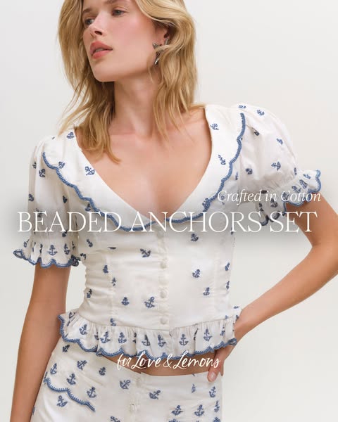 This image ad promotes the Beaded Anchors Set from For Love & Lemons. The ad features a model wearing the set, empha