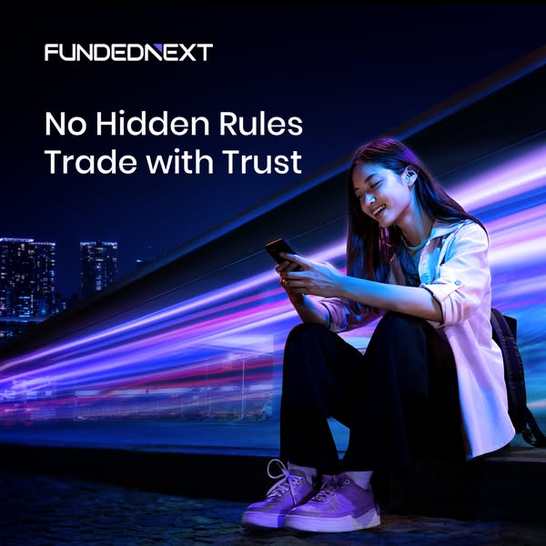 This ad for FundedNext aims to provide trustworthy services for trading. It features a woman looking at her phone as she