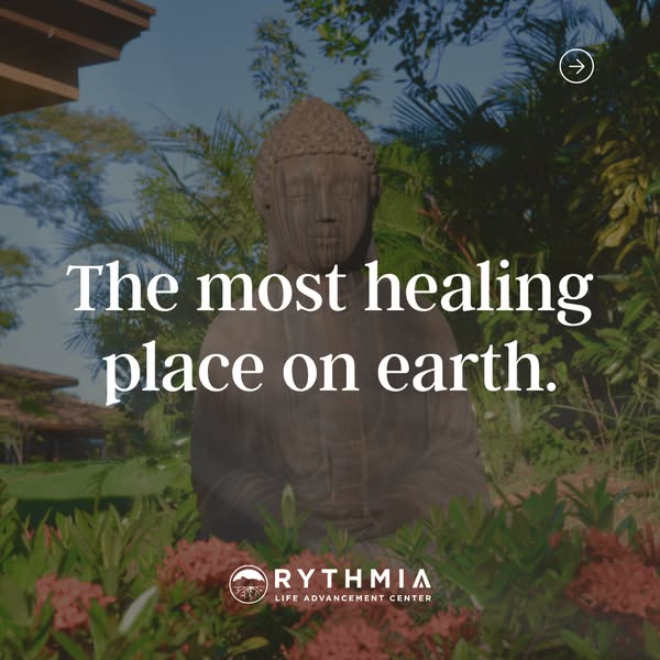 This image ad promotes Rythmia Life Advancement Center as the most healing place on earth. The ad features a statue of B