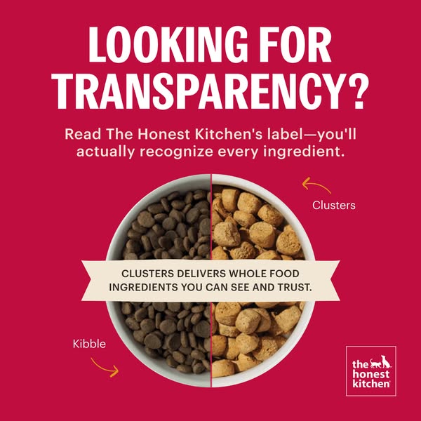This ad is for The Honest Kitchen, a brand of dog food. It uses a split-screen visual to compare its food, called Cluste