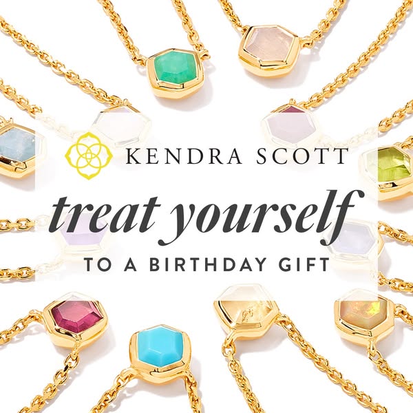 This image ad for Kendra Scott features a variety of gold necklaces with different colored stones. The ad encourages vie