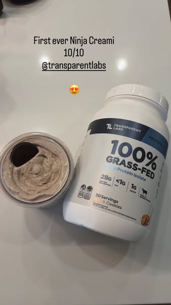 This ad features a user testimonial about Transparent Labs' 100% Grass-Fed Whey Protein Isolate in Cookies & Cre