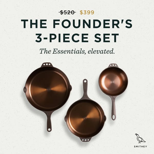 This image ad showcases Smithey's Founder's 3-Piece Set, highlighting the essentials of elevated cooking with a 