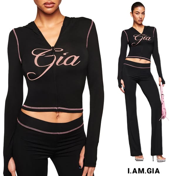 This ad features a product display of a matching hoodie and pant set from the brand I.AM.GIA. The clothing is displayed 