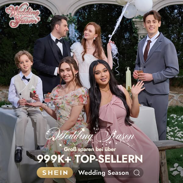This Meta image ad showcases a group of people dressed in wedding attire, promoting wedding season apparel from SHEIN. T