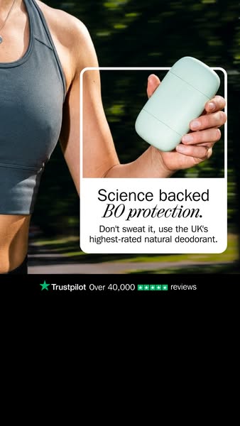 This image ad for a natural deodorant features a woman wearing a sports bra in an outdoor setting. The ad highlights the