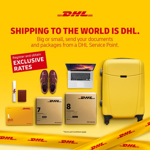 This image ad for DHL features a variety of products that could be sent using DHL, including documents, shoes, a laptop,