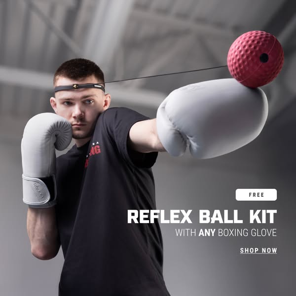 This ad is for boxing gloves, offering a free reflex ball kit with the purchase of any boxing glove.