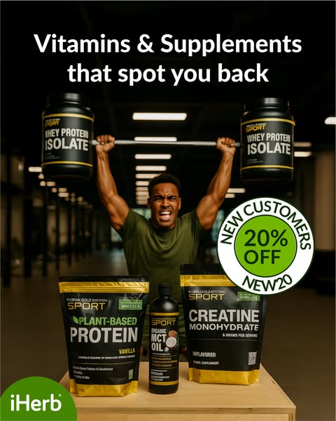 This ad showcases various iHerb supplements and protein powders, featuring a muscular man lifting weights in the backgro