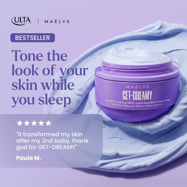 This ad for MAËLYS Get-Dreamy overnight toning body whip features a testimonial and emphasizes the product's ability