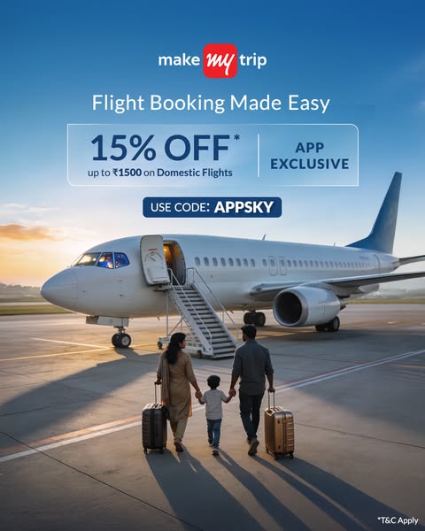 This image ad for MakeMyTrip promotes easy flight booking with a 15% discount for app users. It features a family walkin