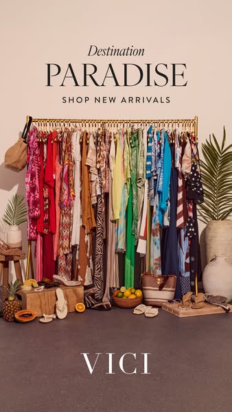 This ad showcases a colorful collection of women's clothing from VICI. The ad uses a warm and inviting color palette