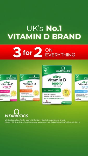 This image ad promotes Vitabiotics Vitamin D supplements with a 3 for 2 offer. It showcases the brand as the UK's No