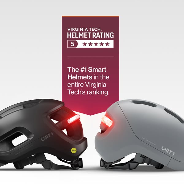 An image showing Unit 1 bike helmets which have received a #1 smart helmet rating from Virginia Tech's helmet rating