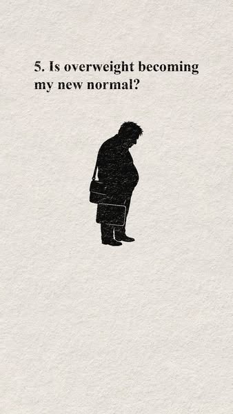 This ad uses the question 'Is overweight becoming my new normal?' with an image of a man carrying a briefcase. T