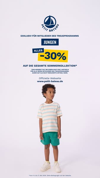 This ad promotes Petit Bateau's summer collection, offering a 30% discount to loyalty program members. It features a