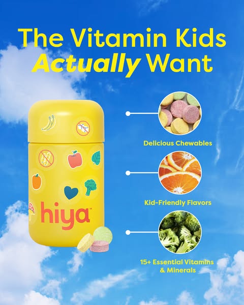 This ad promotes Hiya vitamins for kids. It showcases the brand's kid-friendly appeal, highlighting the vitamins as 