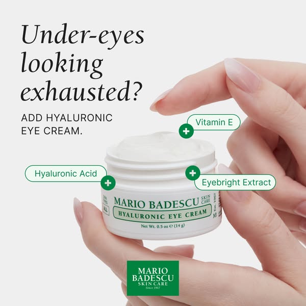 This image ad highlights Mario Badescu's Hyaluronic Eye Cream, emphasizing its ability to combat under-eye exhaustio