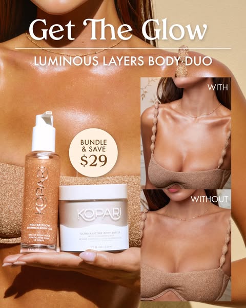 This image ad is advertising a Kopari bundle with a body oil and body butter. It demonstrates the effect of the products