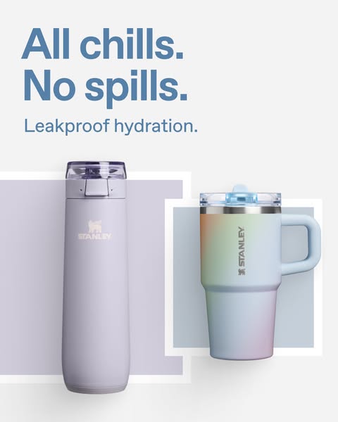 This image ad showcases the Stanley brand and its leakproof hydration products. Two different bottles are shown, with a