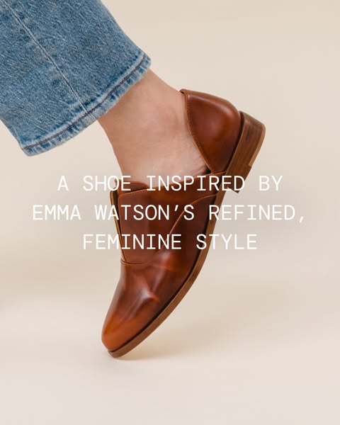 This image ad showcases a tan loafer with a low heel. It positions the shoe as an ode to Emma Watson's classic style