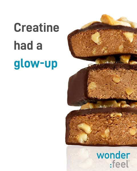 This ad for Wonderfeel highlights their creatine protein bar, noting that creatine is often associated with negative att