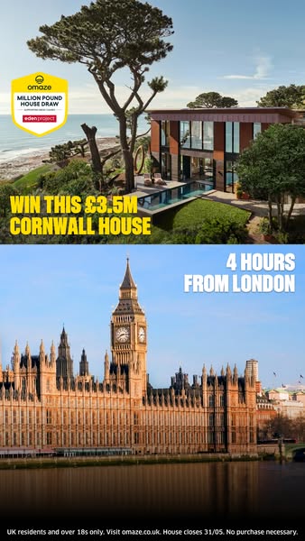 Image ad promoting the chance to win a house in Cornwall, including the prize value and details about how far away it is