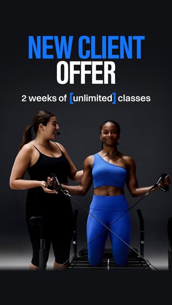 An image ad promoting a new client offer for unlimited classes. It features two women of different body types on a pilat