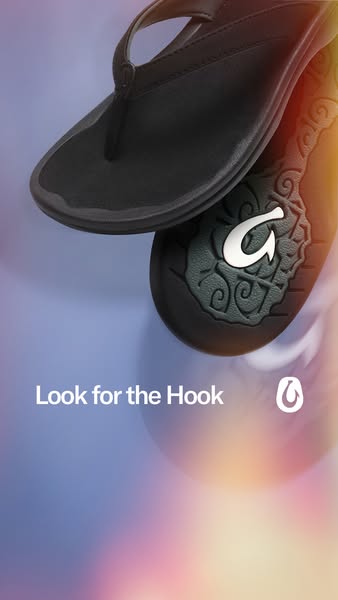 The image ad showcases OluKai brand footwear in a close up shot with the tagline, "Look for the Hook," highlig