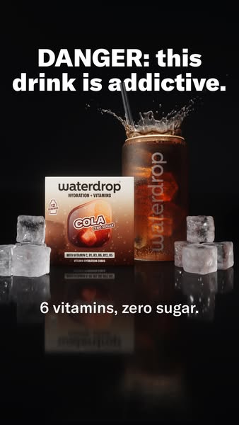 An ad for Waterdrop Cola flavored hydration cubes presents the benefits of zero sugar and 6 vitamins in the drink.