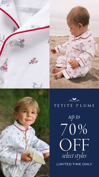 This ad for Petite Plume children's pajamas uses a four-panel layout to showcase the pajamas on children and also hi