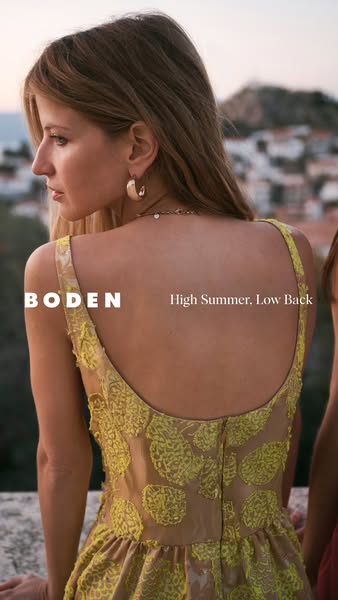 This image ad for Boden shows a woman from behind wearing a yellow floral dress with a low back. The ad highlights the d