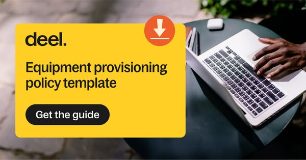 This ad promotes Deel's equipment provisioning policy template. The ad features a laptop on a table with a hand on t