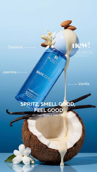 An image ad for Recreation Bondi Beach's Bare Coco All Over Body + Hair Mist. The ad features the product bottle alo