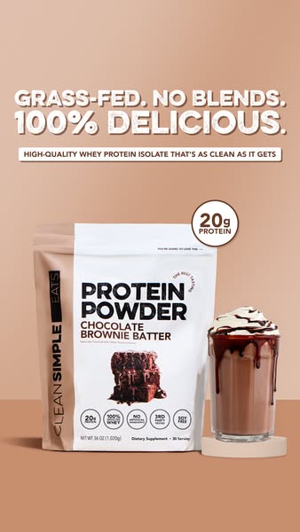 This image ad features a bag of Clean Simple Eats Chocolate Brownie Batter protein powder next to a prepared shake. Text