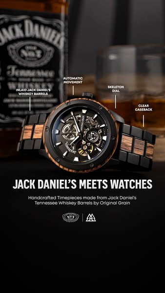 This image ad showcases a Jack Daniel's watch. The ad emphasizes that the watch is made from actual Jack Daniel'