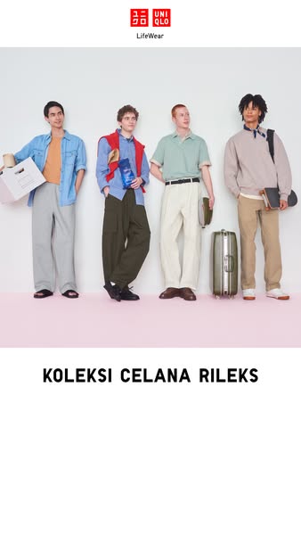The ad features four male models wearing different styles of relaxed pants from UNIQLO. The models are posed against a p