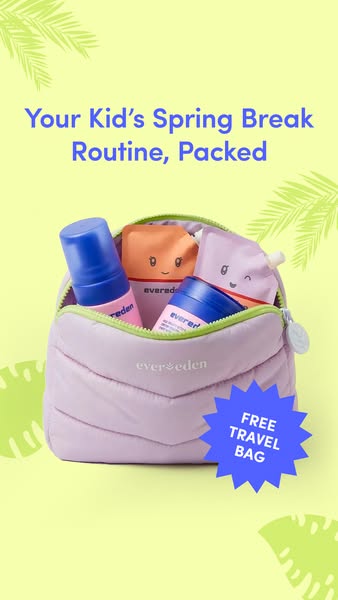 A photograph of a makeup bag that has multiple Evereden products in it. There is text above the bag that says, "You