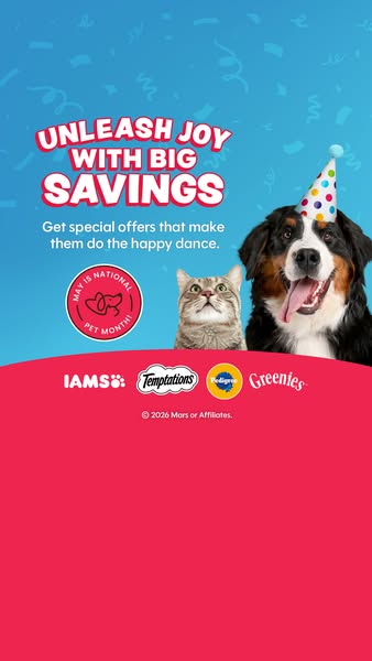 This image ad promotes special offers on pet food and treats in celebration of National Pet Month.