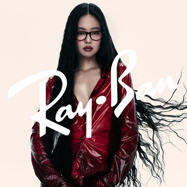 This ad showcases Ray-Ban eyewear, specifically glasses worn by the model. The image focuses on the model wearing the gl