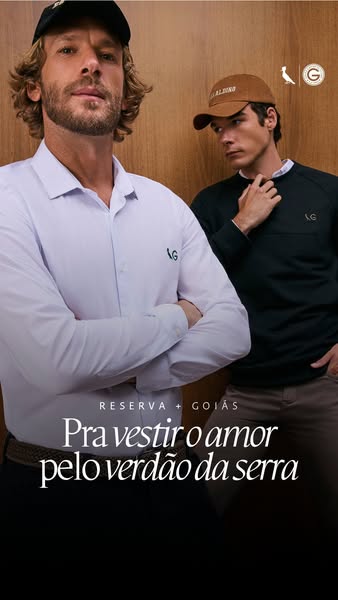 This ad for Reserva + Goiás clothing features two men wearing the brand's apparel in front of a wood-paneled backgro