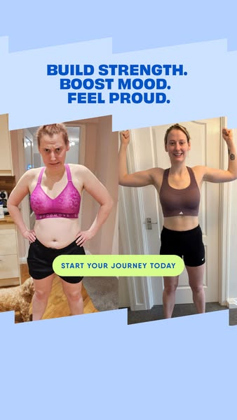 This image ad features before and after photos of a woman to promote the brand's fitness program, emphasizing streng