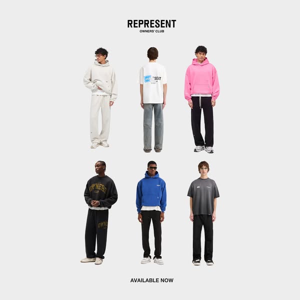 This ad features a carousel of fashion apparel from REPRESENT. The visual style is clean and showcases the collection in