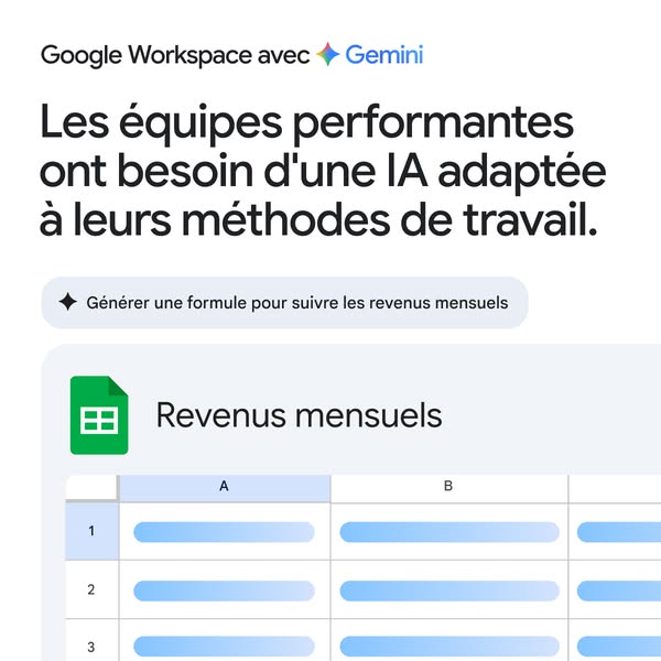 This ad highlights how Google Workspace integrates with Gemini to assist teams by generating a formula to track monthly 