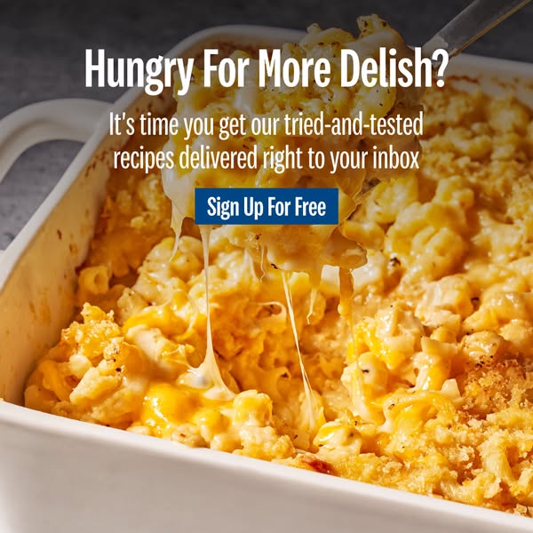 The ad is designed to drive viewers to sign up for free recipes. The ad is centered around a casserole dish filled with 