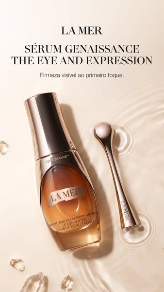 Ad for La Mer Sérum Genaissance The Eye and Expression. The image displays the product and its applicator on a textured
