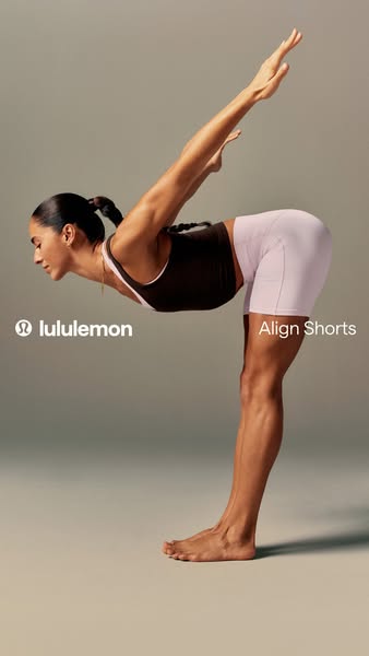 This ad by Lululemon features a woman demonstrating a yoga pose while wearing Lululemon Align shorts and a brown tank to
